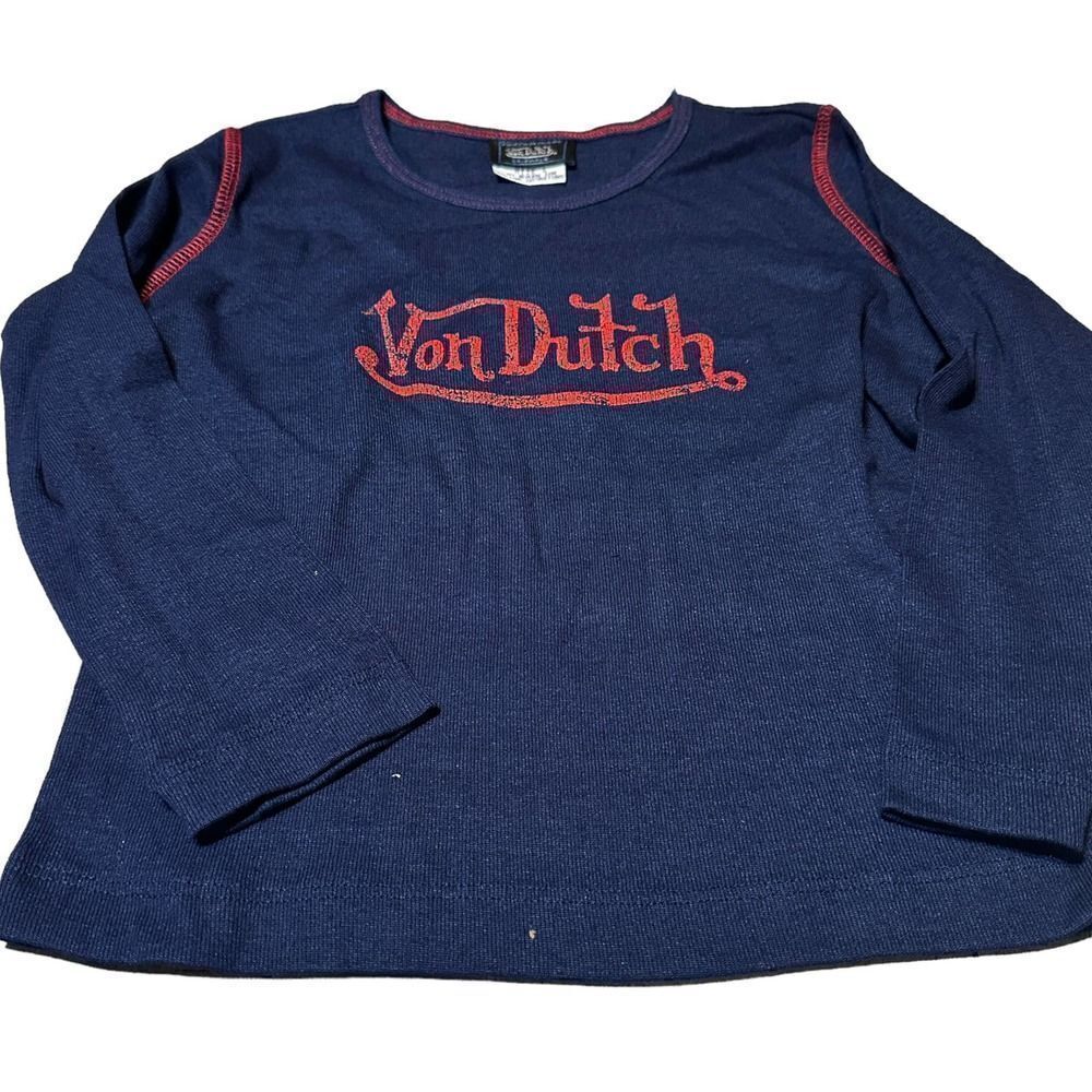 Von Dutch Vintage Girls Blue & Red Logo T-Shirt Long Sleeve Size  6